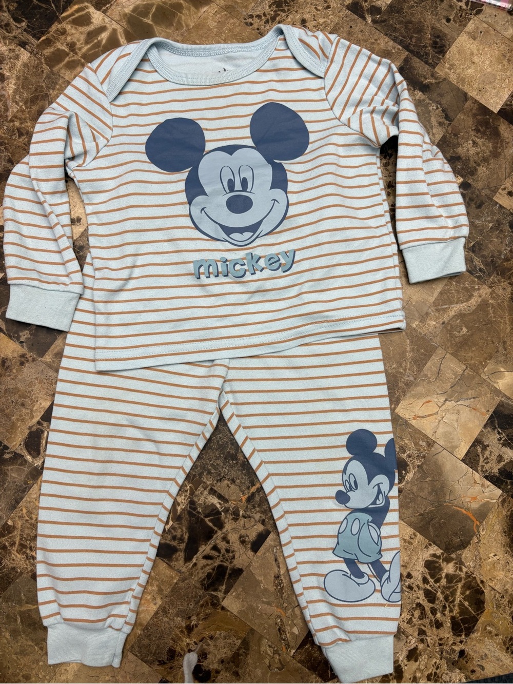 Disney Light Blue and Tan Striped Mickey matching Set 18-24 months